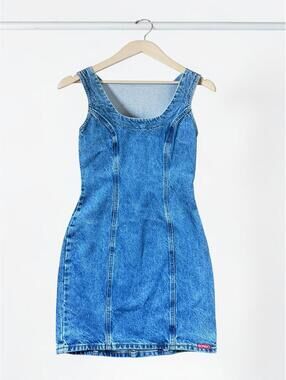 Vintage Bongo Denim Mini Dress with Scoop Neck and Back Zipper